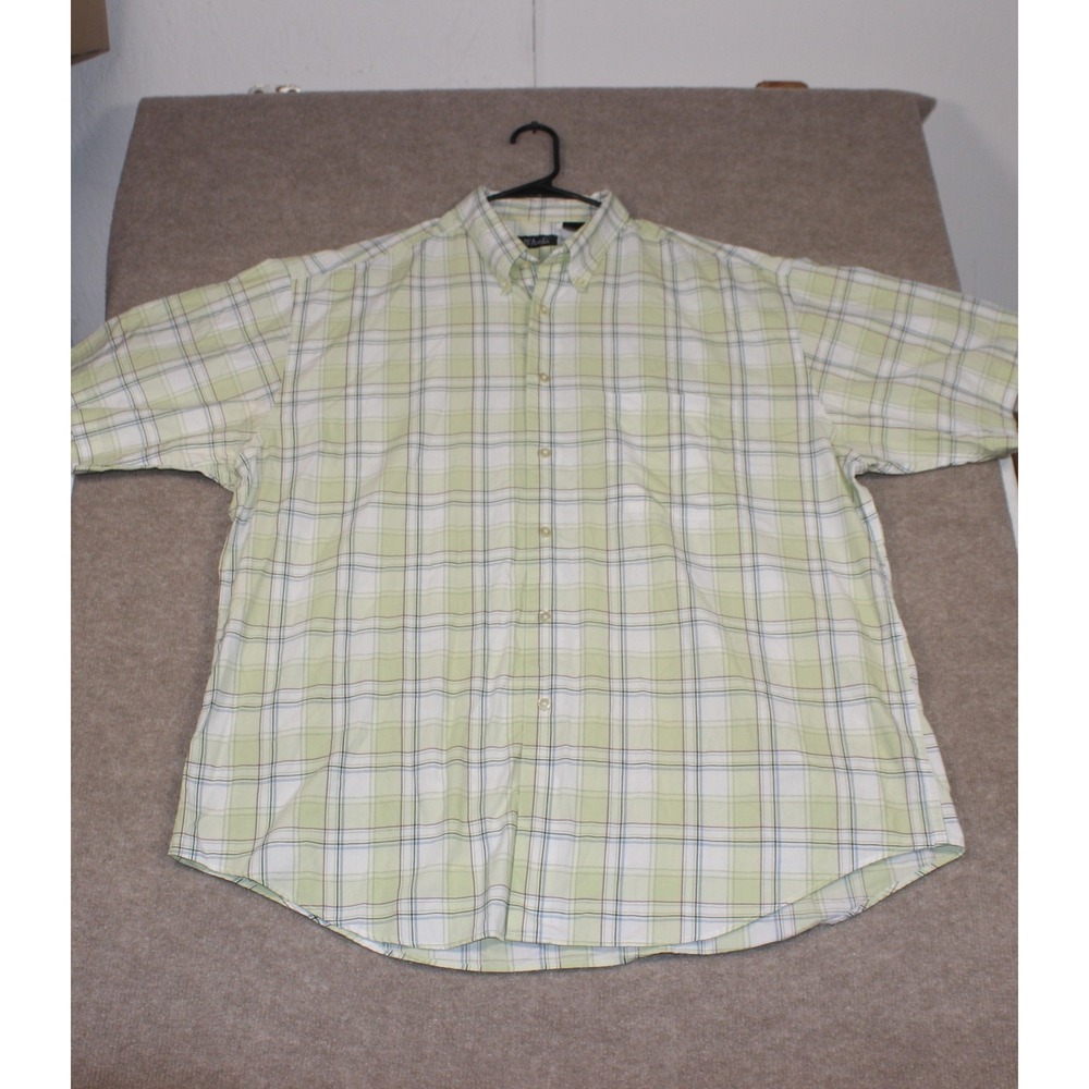D'Avila Mens XL Short Sleeve Button Down Shirt Lime Green White Plaid Cotton